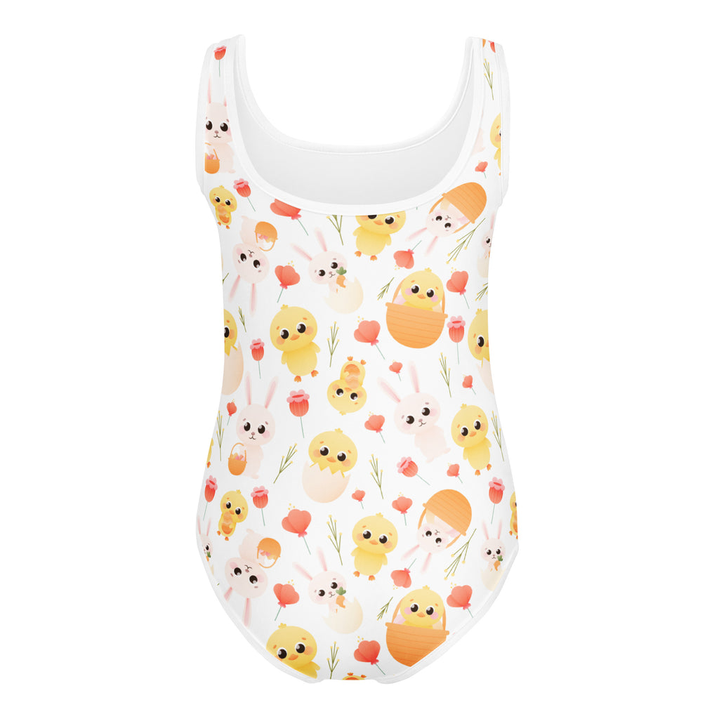 Girls easter bunny and chick buttery soft white one-piece swimsuit with colorful pattern for dance and gymnastics