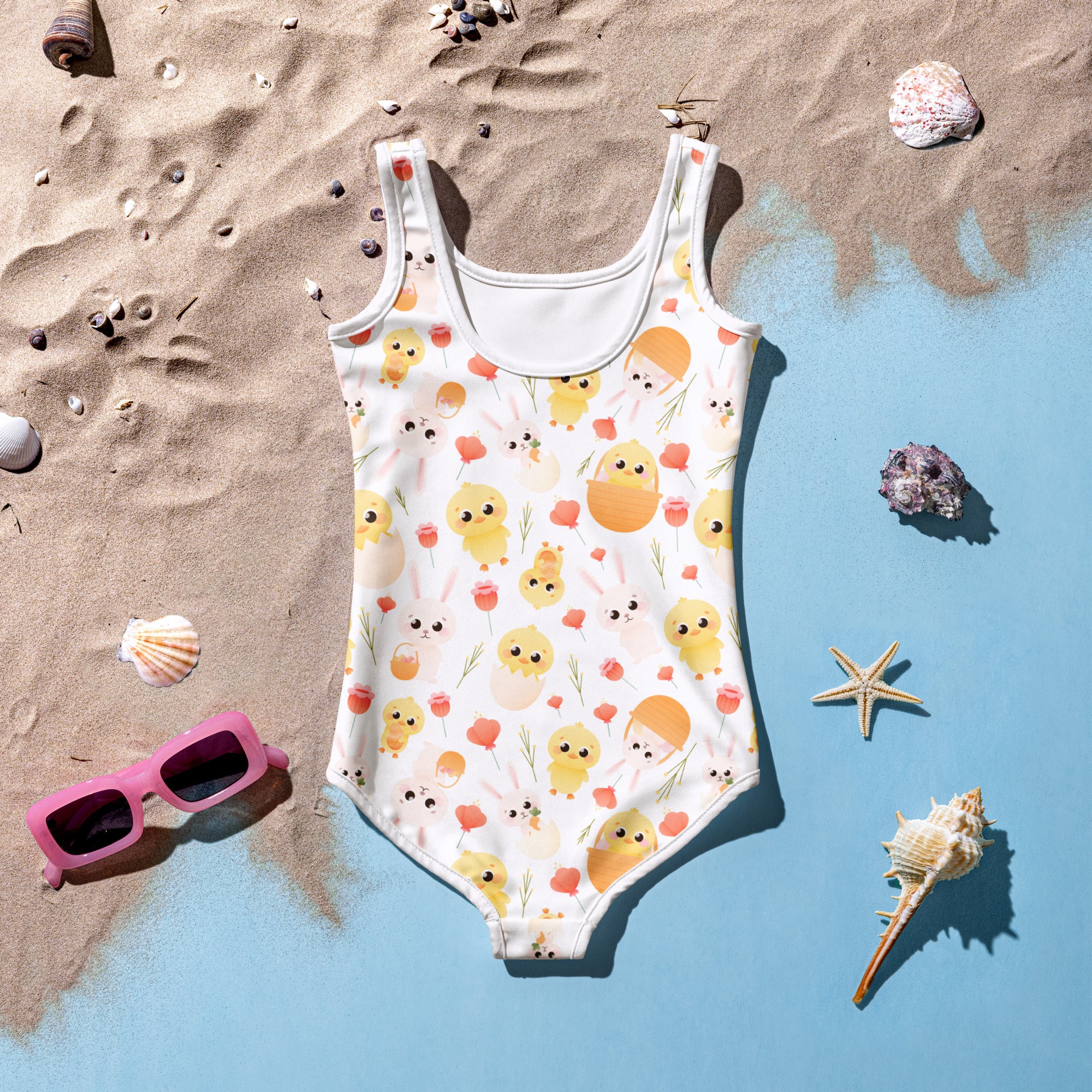 Girls easter bunny and chick white one-piece swimsuit with yellow chicks orange eggs pink flowers buttery soft upf 50+