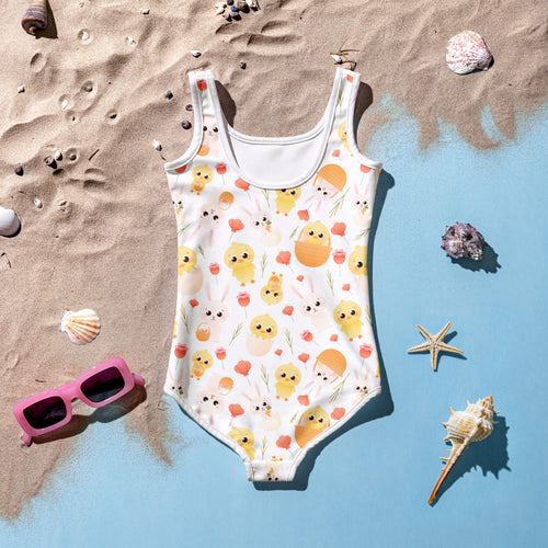 Girls easter bunny and chick white one-piece swimsuit with yellow chicks orange eggs pink flowers buttery soft upf 50+