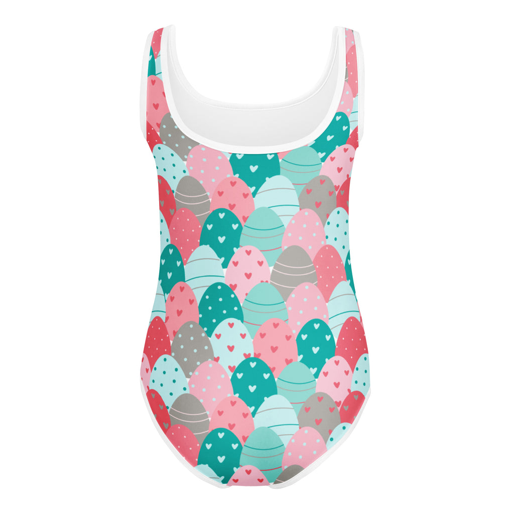 Girls Easter egg pattern buttery soft quick drying one-piece swimsuit with pastel hearts and polka dots for dance and gymnastics