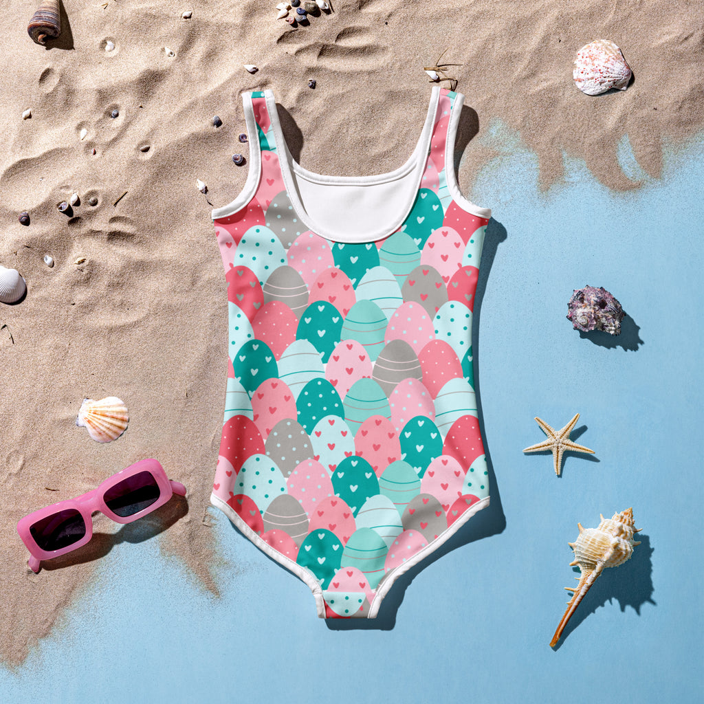 Girls easter eggs buttery soft one-piece swimsuit with pastel mermaid scales pattern and upf 50 plus protection