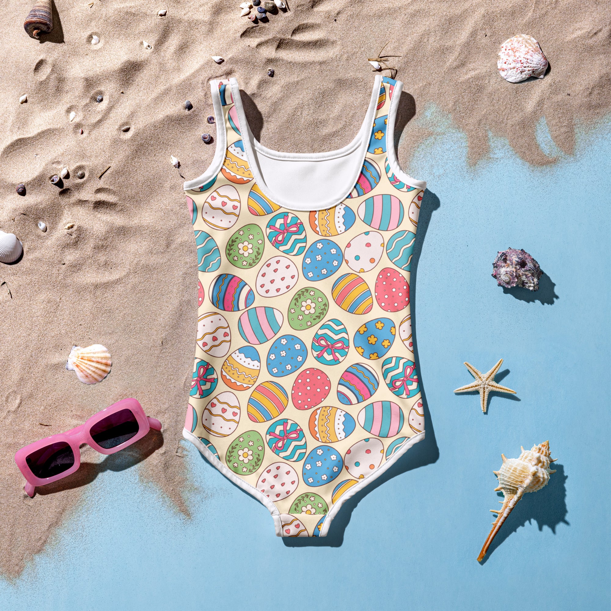 Girls colorful Easter eggs pattern buttery soft one-piece swimsuit with UPF 50 and double layered front cream background