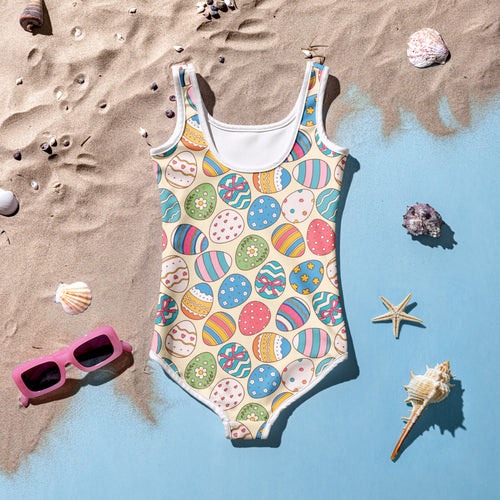 Girls colorful Easter eggs pattern buttery soft one-piece swimsuit with UPF 50 and double layered front cream background