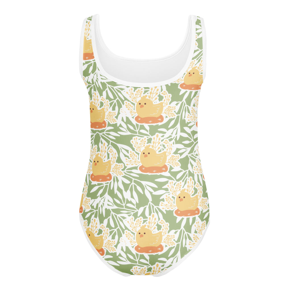 Green girls chick nest buttery soft quick drying one-piece swimsuit with white trim yellow chick pattern for dance