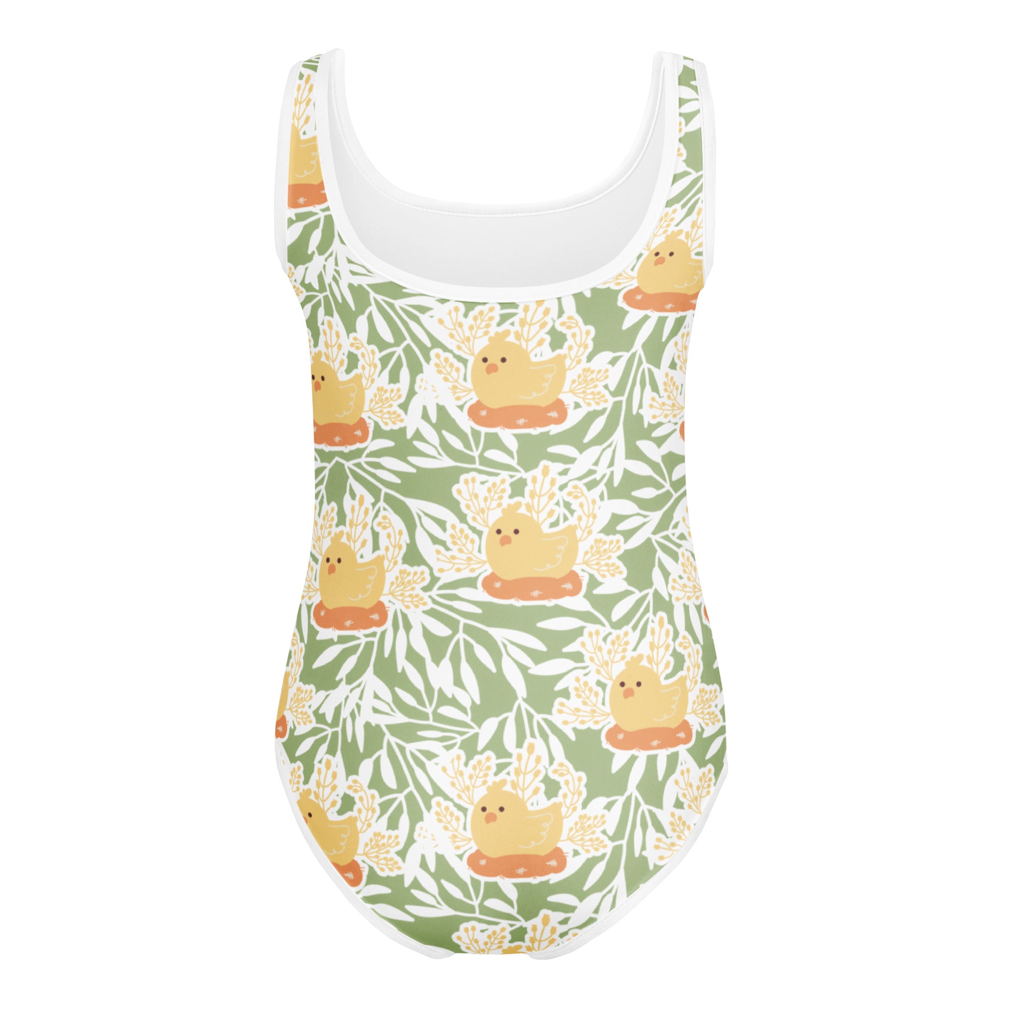 Green girls chick nest buttery soft quick drying one-piece swimsuit with white trim yellow chick pattern for dance