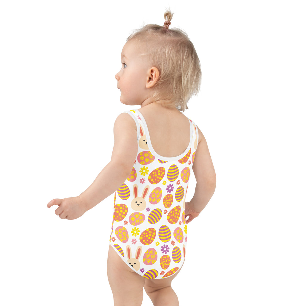 White girls one-piece swimsuit with colorful easter egg and floral print buttery soft fabric upf 50 plus double layered front