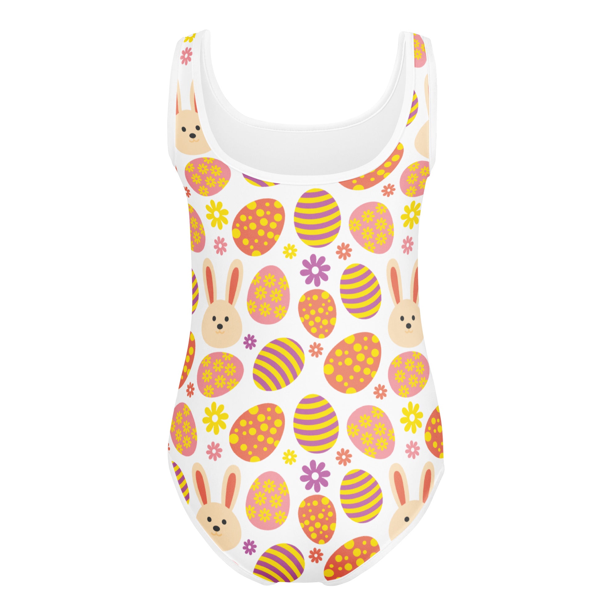 White girls one-piece swimsuit with pastel easter eggs and beige bunnies pattern made of buttery soft quick drying fabric for dance and gymnastics