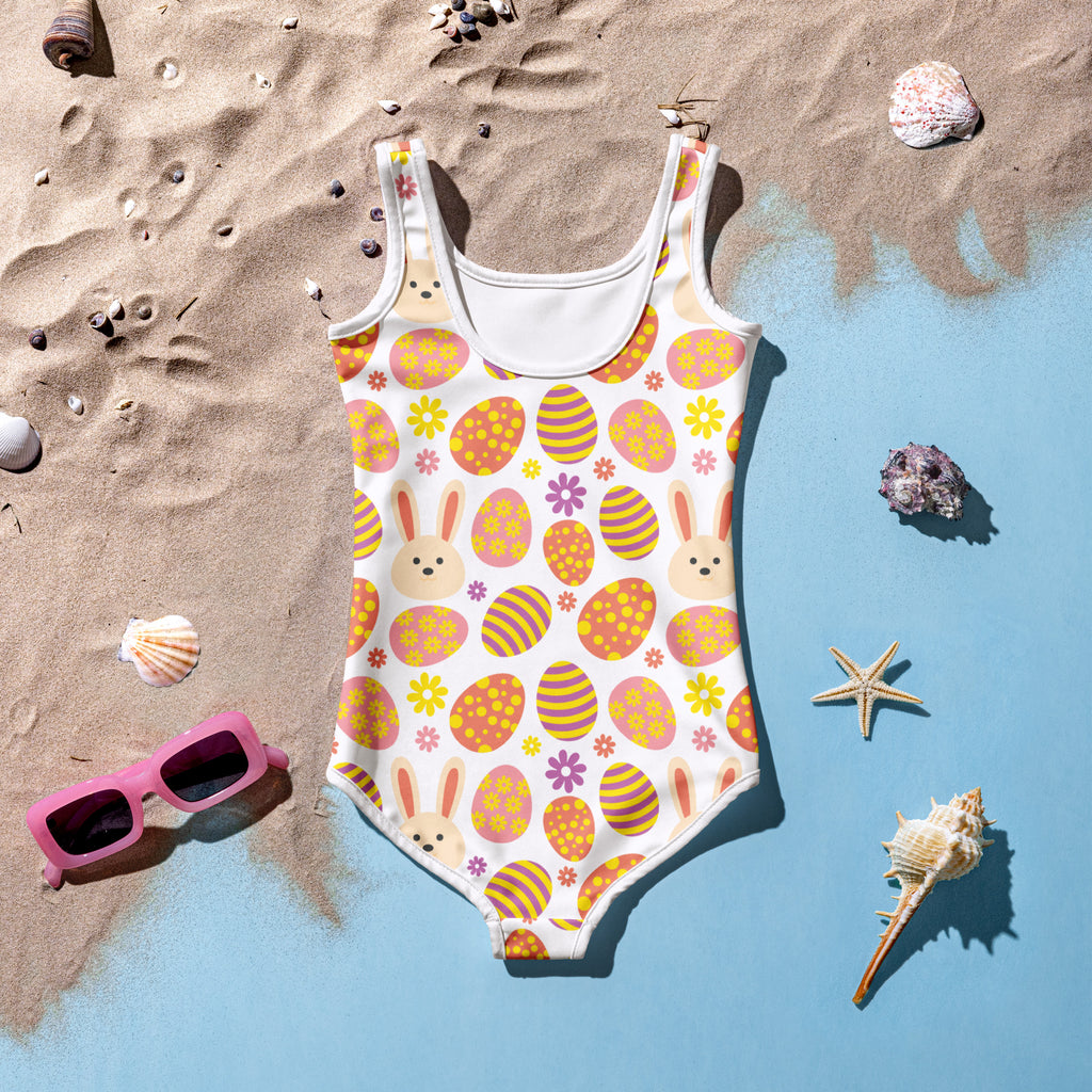 Girls colorful easter egg and floral print white one-piece swimsuit with upf 50 plus and buttery soft fabric