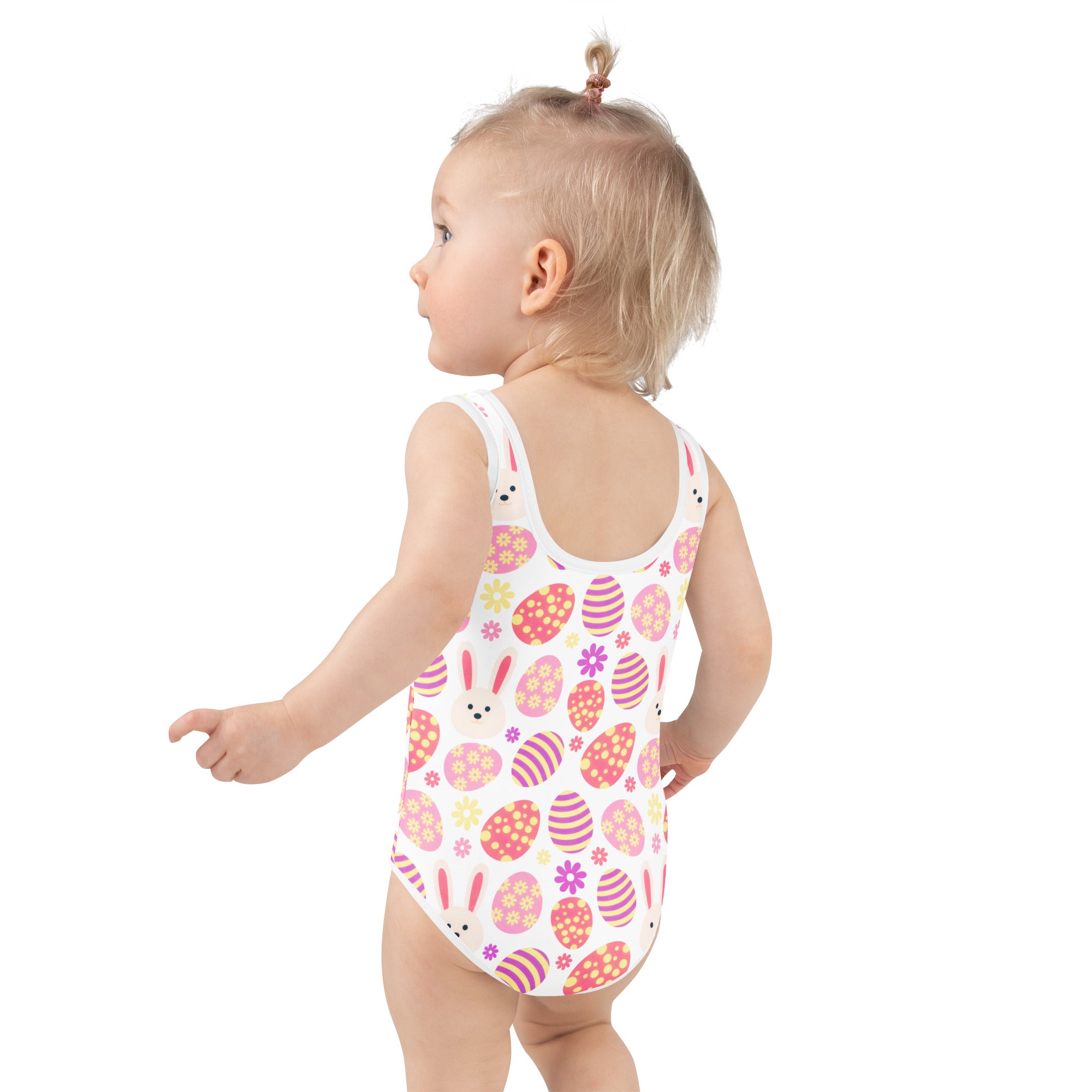 White baby one-piece swimsuit with pink and purple easter eggs and bunnies buttery soft fabric upf 50+ double layered front