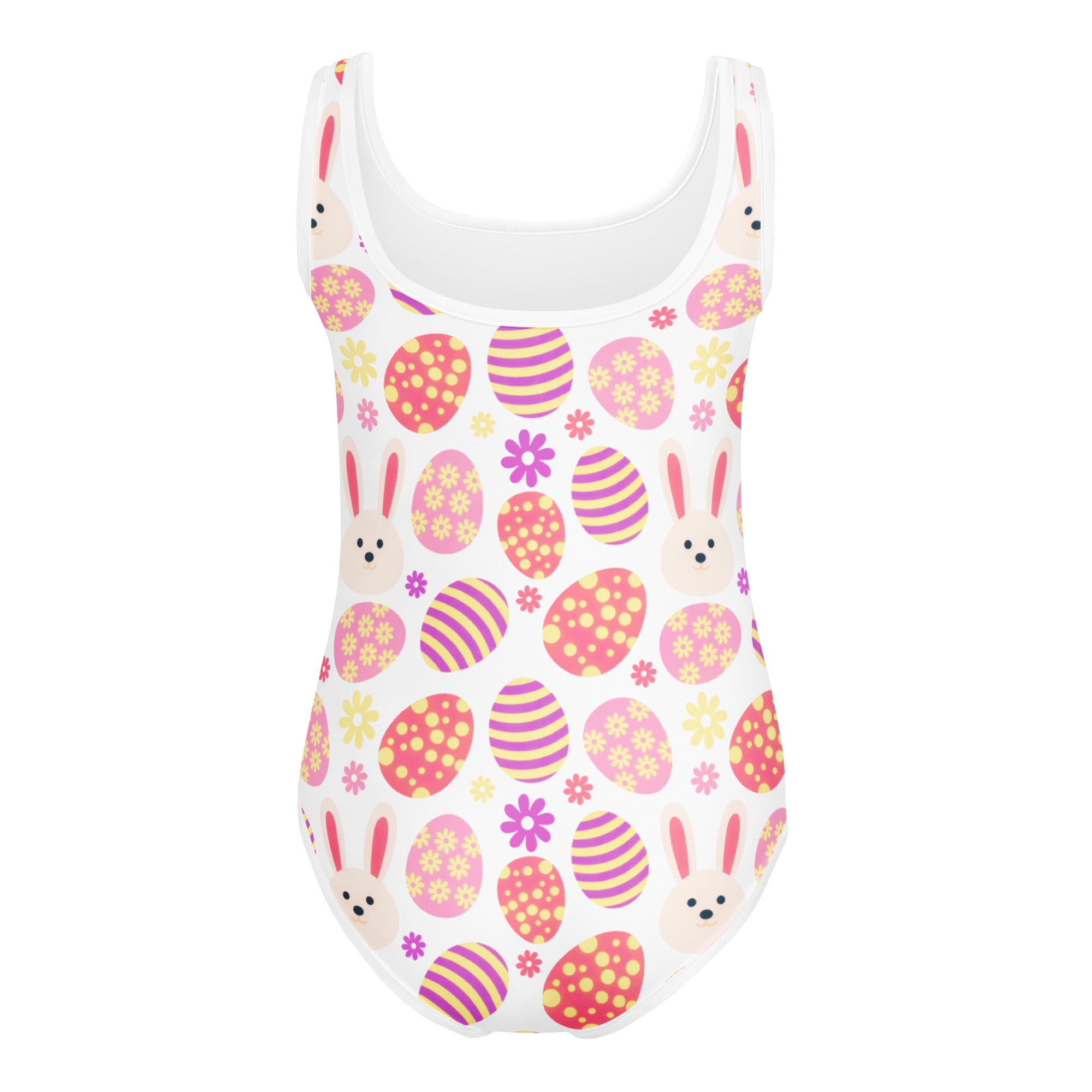 Girls pastel bunny and easter egg buttery soft white one-piece swimsuit with pink and purple eggs for dance and gymnastics