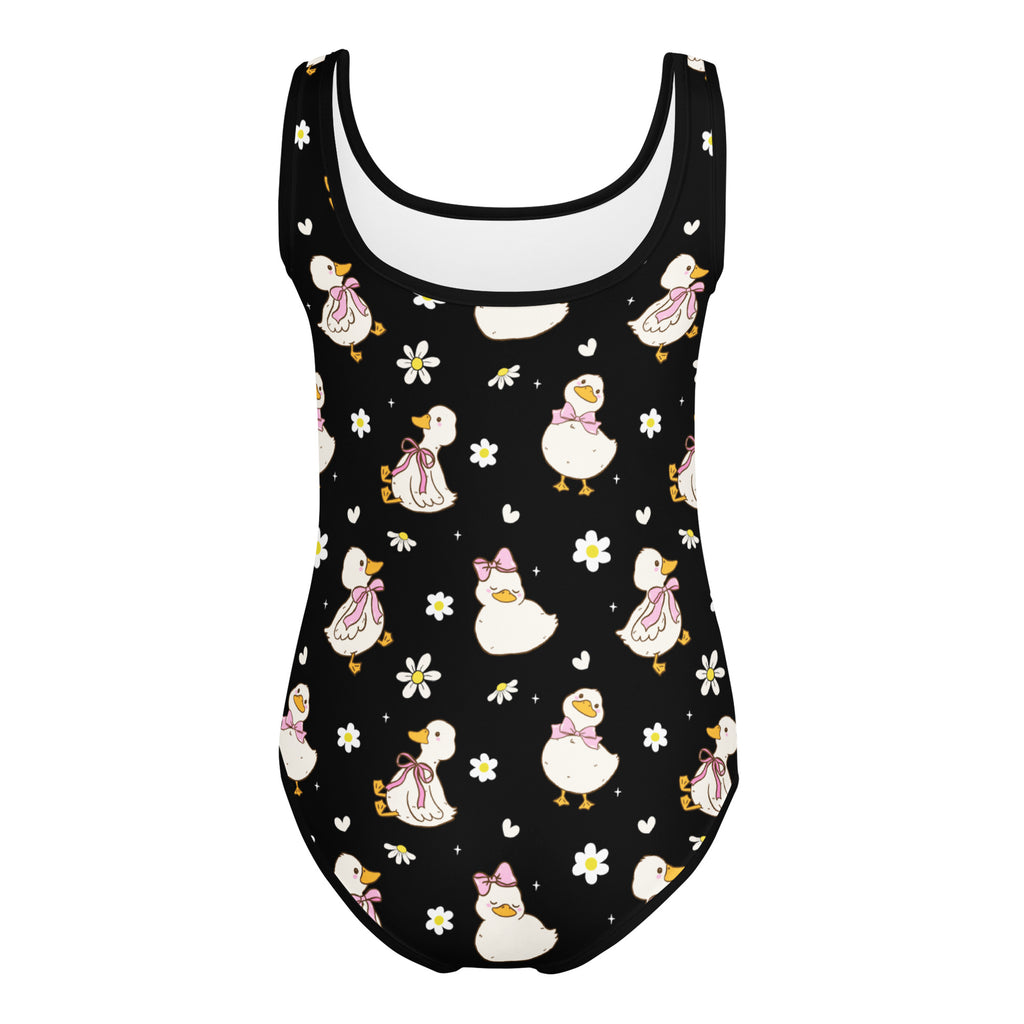 Black girls one-piece swimsuit with white cartoon ducks pink bows daisies buttery soft quick drying for dance and gymnastics