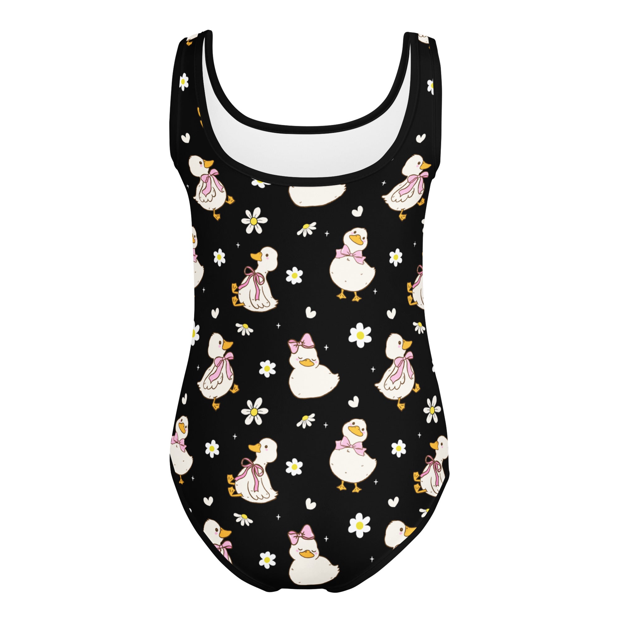 Black girls one-piece swimsuit with white cartoon ducks pink bows daisies buttery soft quick drying for dance and gymnastics