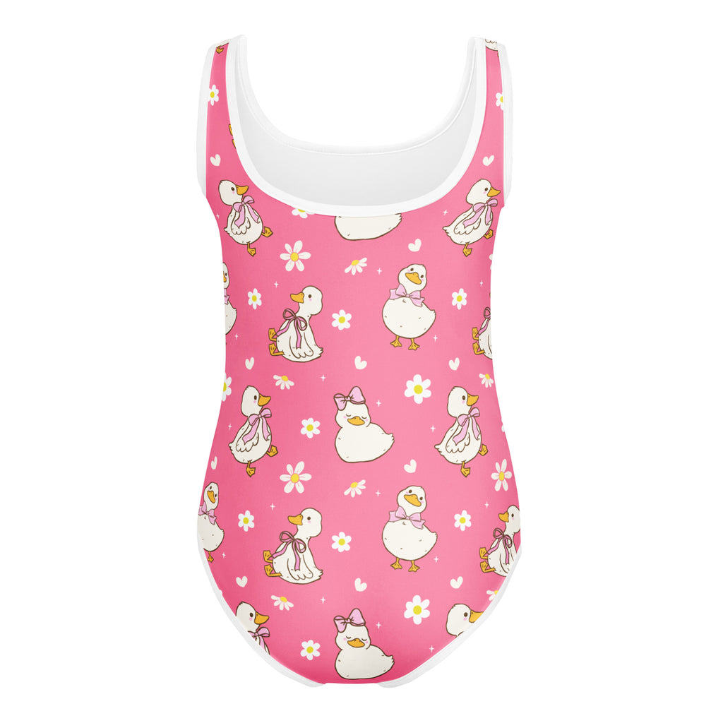 Girls pink duck leotard with white daisy prints white trim neckline buttery soft quick drying for dance and gymnastics