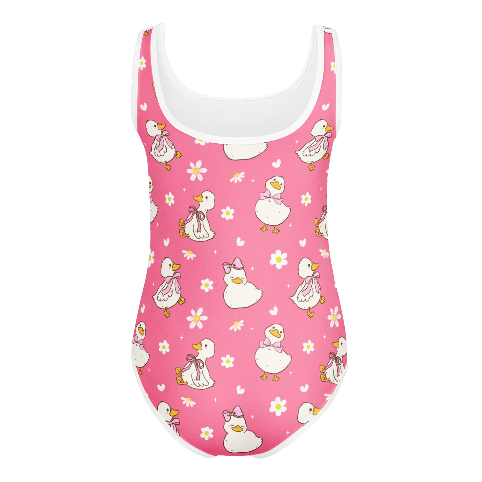 Girls pink duck leotard with white daisy prints white trim neckline buttery soft quick drying for dance and gymnastics