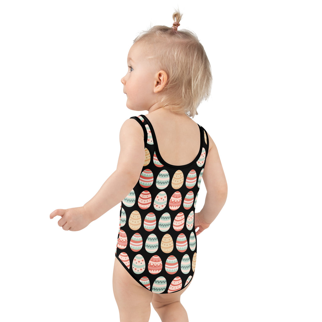 Black girls one-piece swimsuit with colorful striped easter egg pattern buttery soft fabric UPF 50 plus double layered front