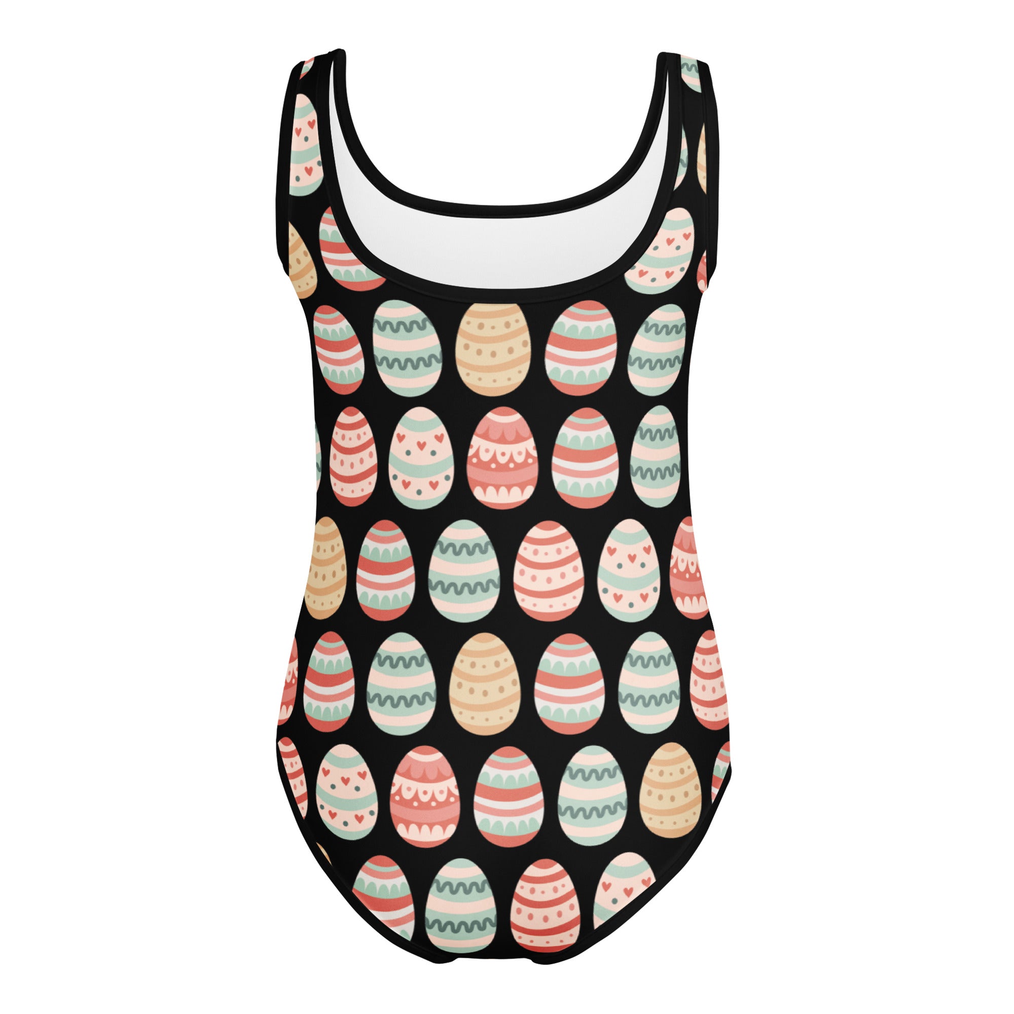 Black one-piece swimsuit with colorful pastel easter eggs pattern buttery soft quick drying for dance and gymnastics