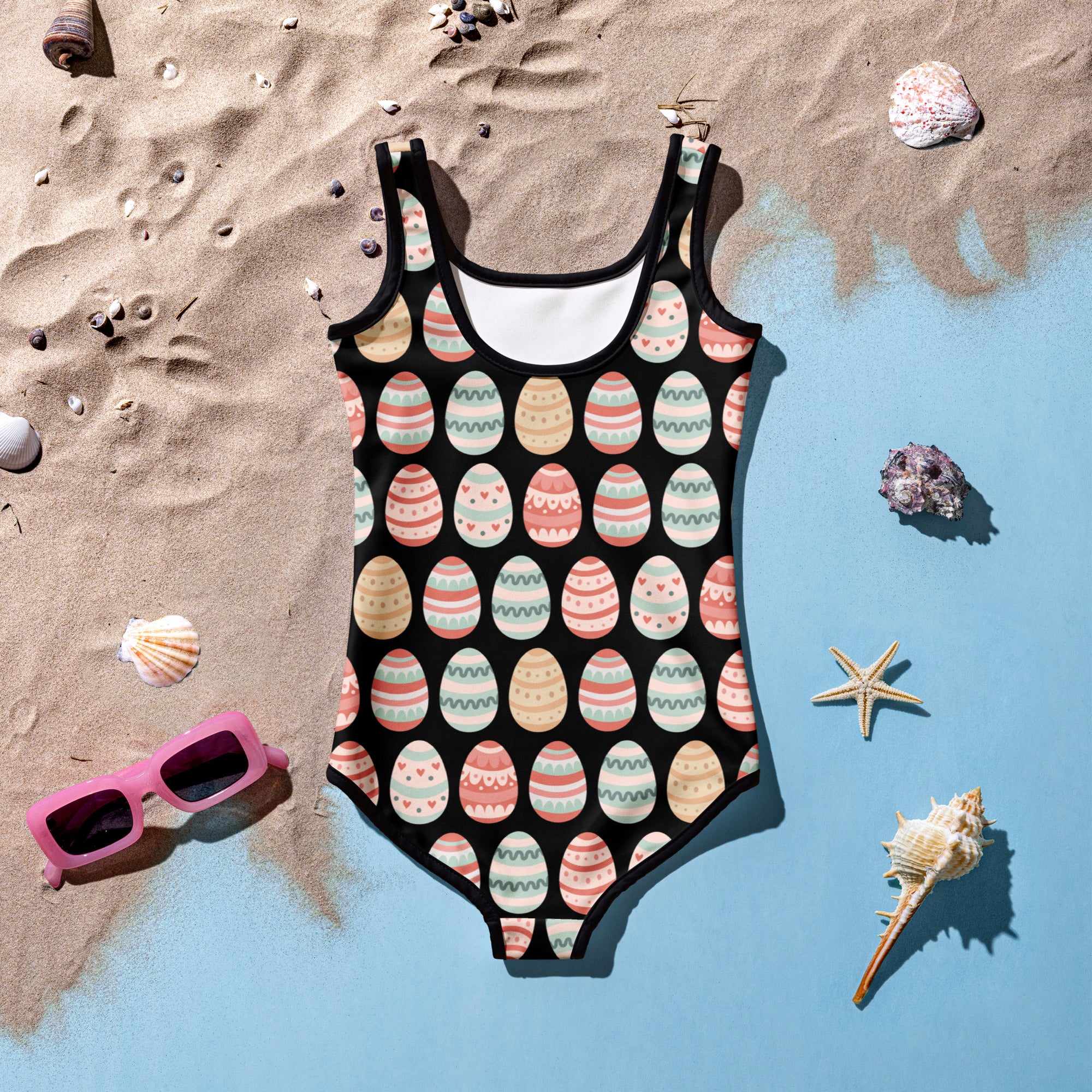 Girls easter pattern buttery soft black one-piece swimsuit with pastel easter eggs and upf 50 plus double layered front