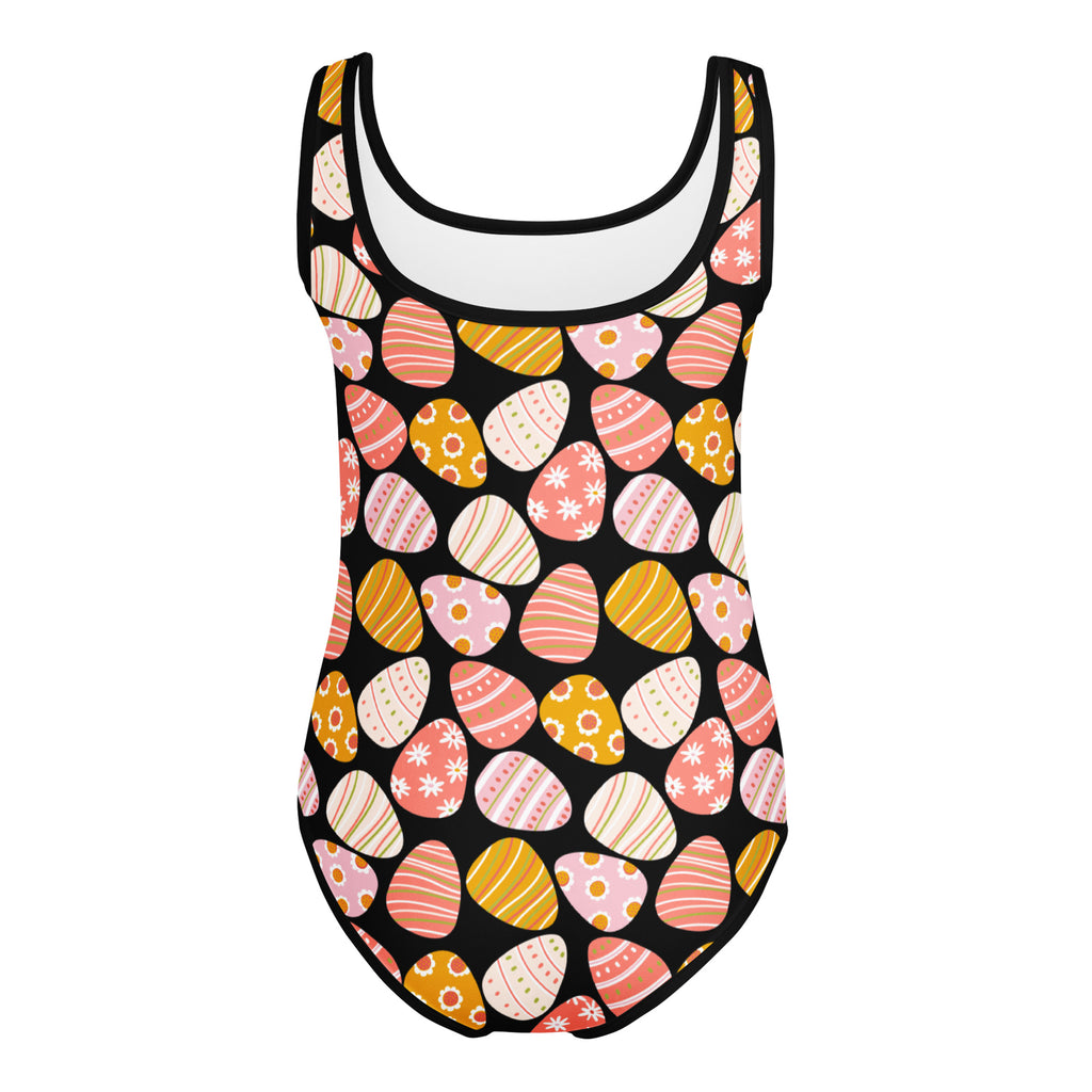 Girls pink easter eggs buttery soft black one-piece swimsuit with colorful egg pattern for dance and gymnastics