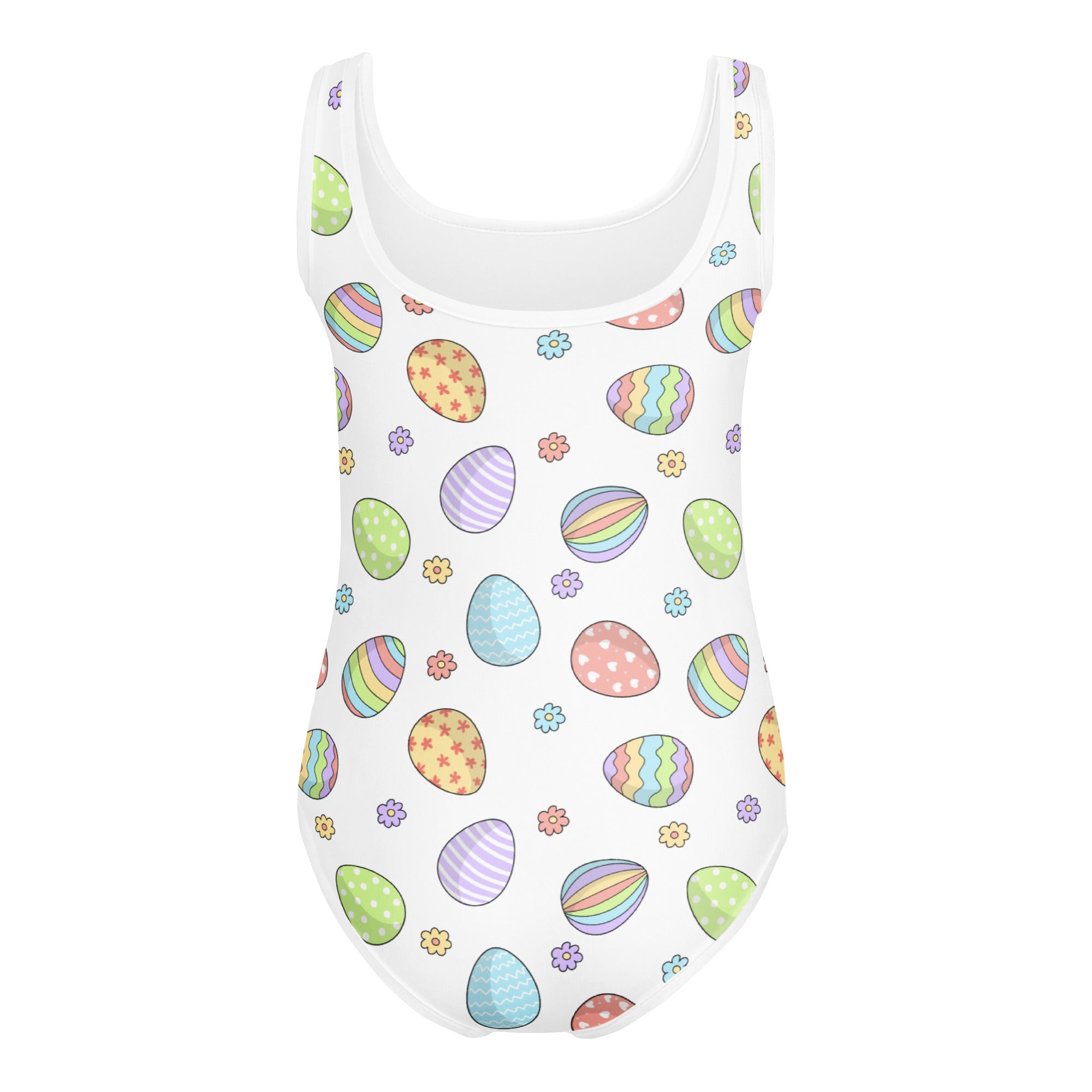 White one-piece swimsuit with colorful easter eggs and flowers buttery soft quick drying for dance and gymnastics