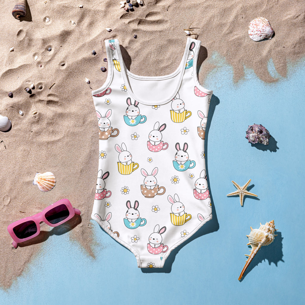 White girls bunny teacup easter buttery soft swimsuit with playful bunny pattern and upf 50 plus double layered front