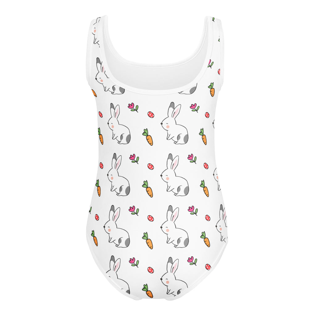 Girls bunny and carrot buttery soft quick drying white one-piece swimsuit with playful cartoon pattern for gymnastics