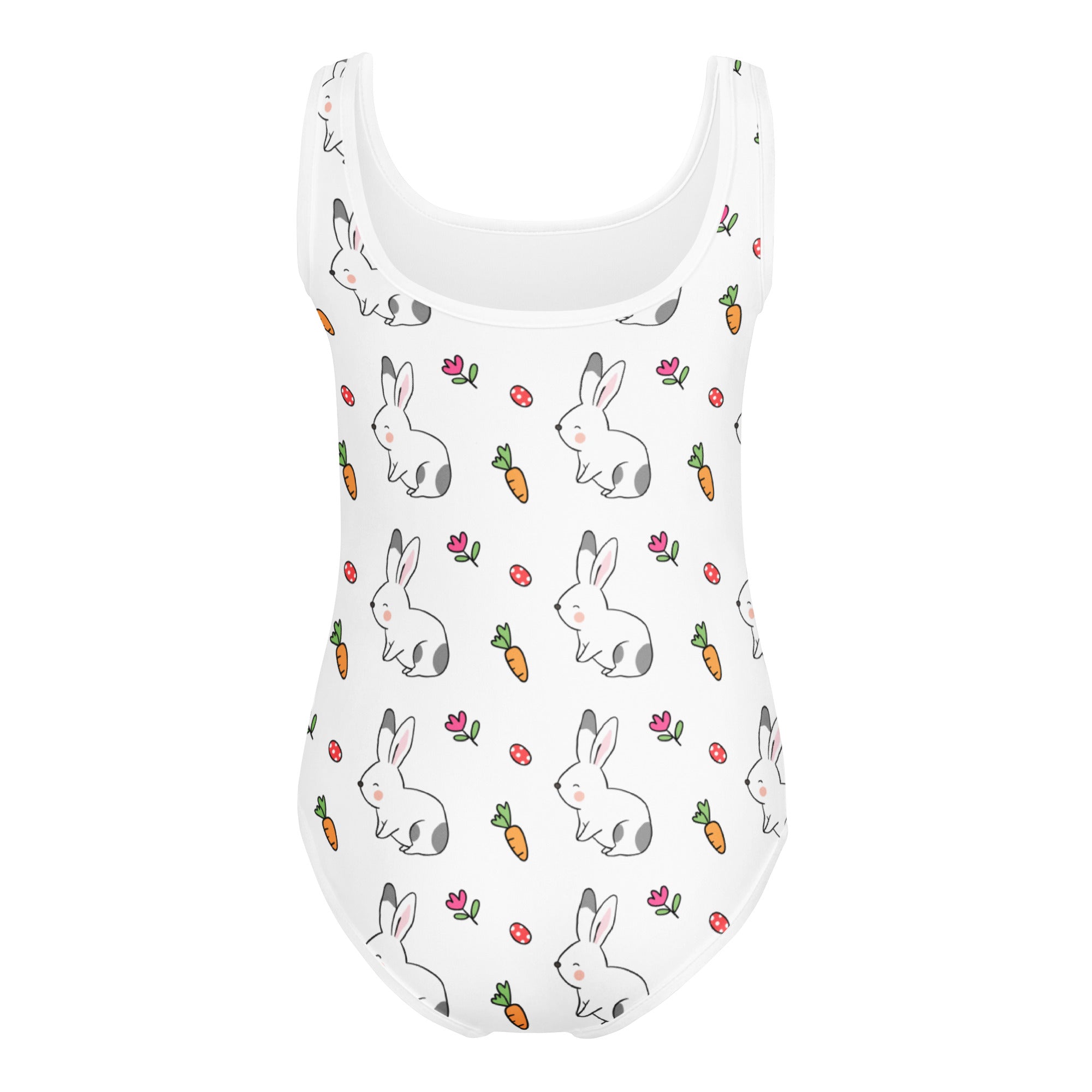 Girls bunny and carrot buttery soft quick drying white one-piece swimsuit with playful cartoon pattern for gymnastics