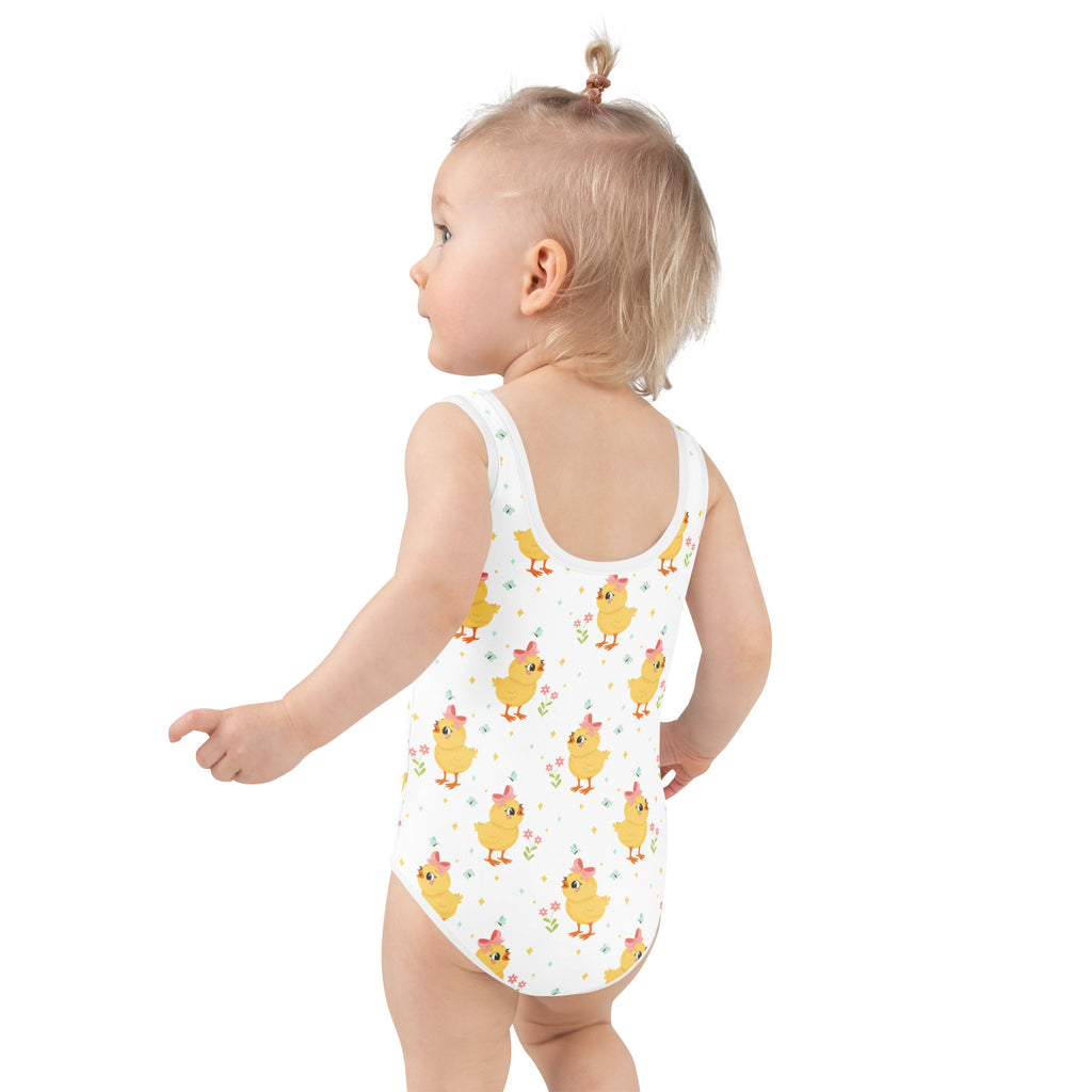 White girls one-piece swimsuit with yellow chicks in pink bows and flowers buttery soft UPF 50 plus double layered front