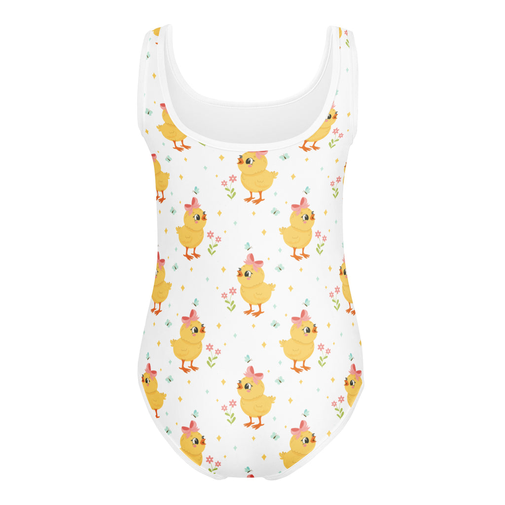 White one-piece swimsuit with yellow chicks and pink bows pattern quick drying for dance and gymnastics