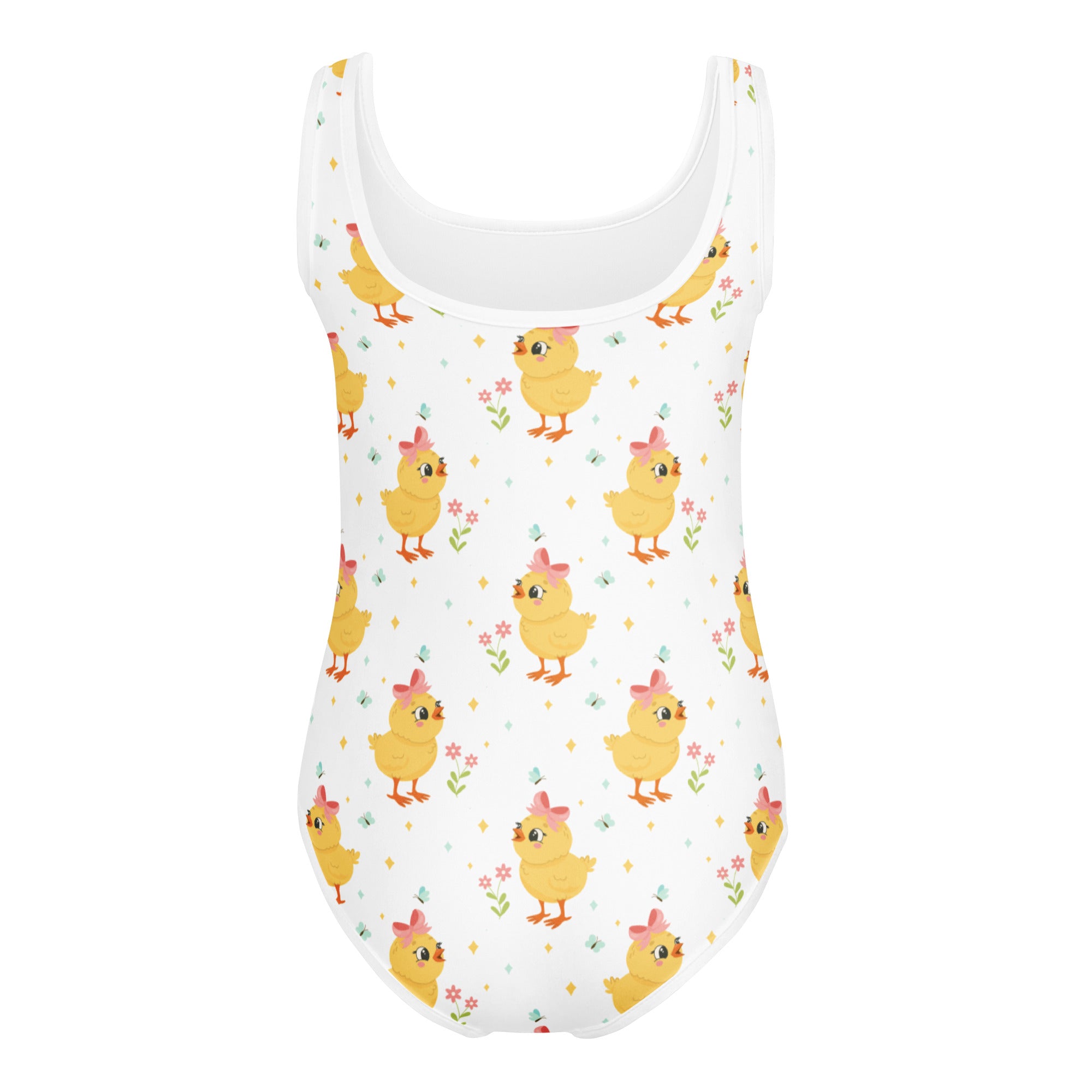 White one-piece swimsuit with yellow chicks and pink bows pattern quick drying for dance and gymnastics