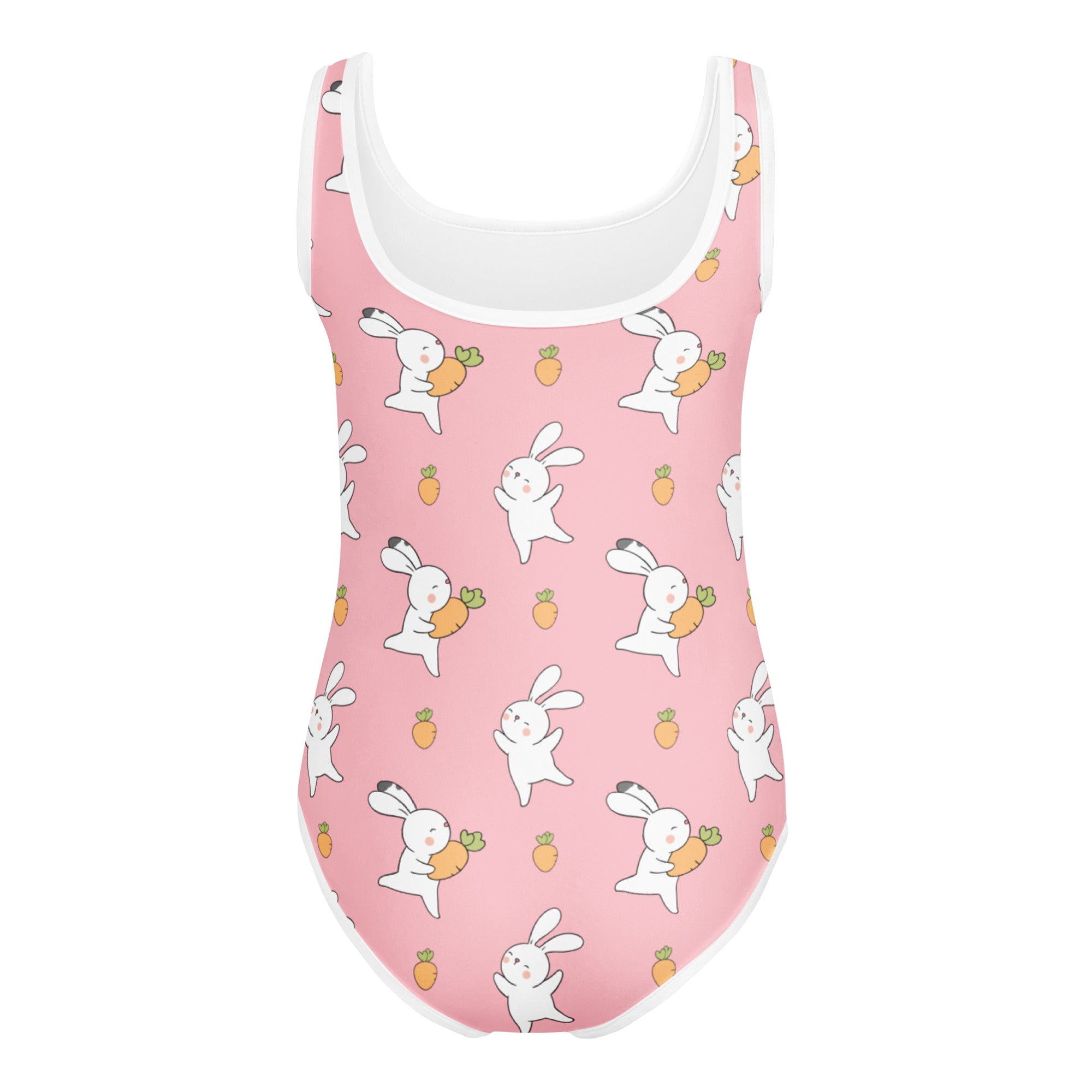 Girls bunny with carrot buttery soft pink one-piece swimsuit with white trim and cartoon bunnies for dance and gymnastics