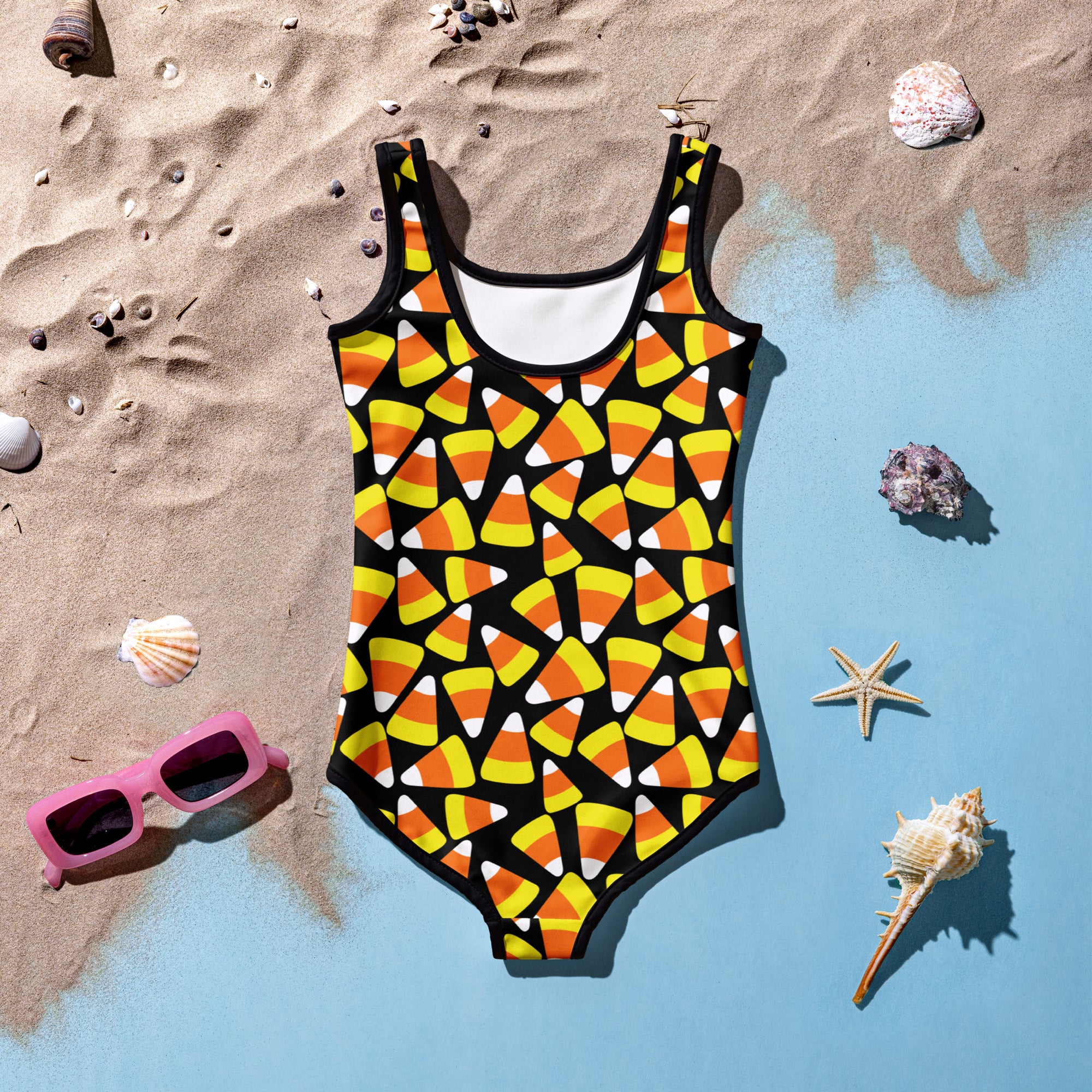 Girls Candy Corn Halloween One Piece Swimsuit – Buttery Soft UPF 50+ Sun Protection, Quick Dry, Double Layered Front & 4-Way Stretch