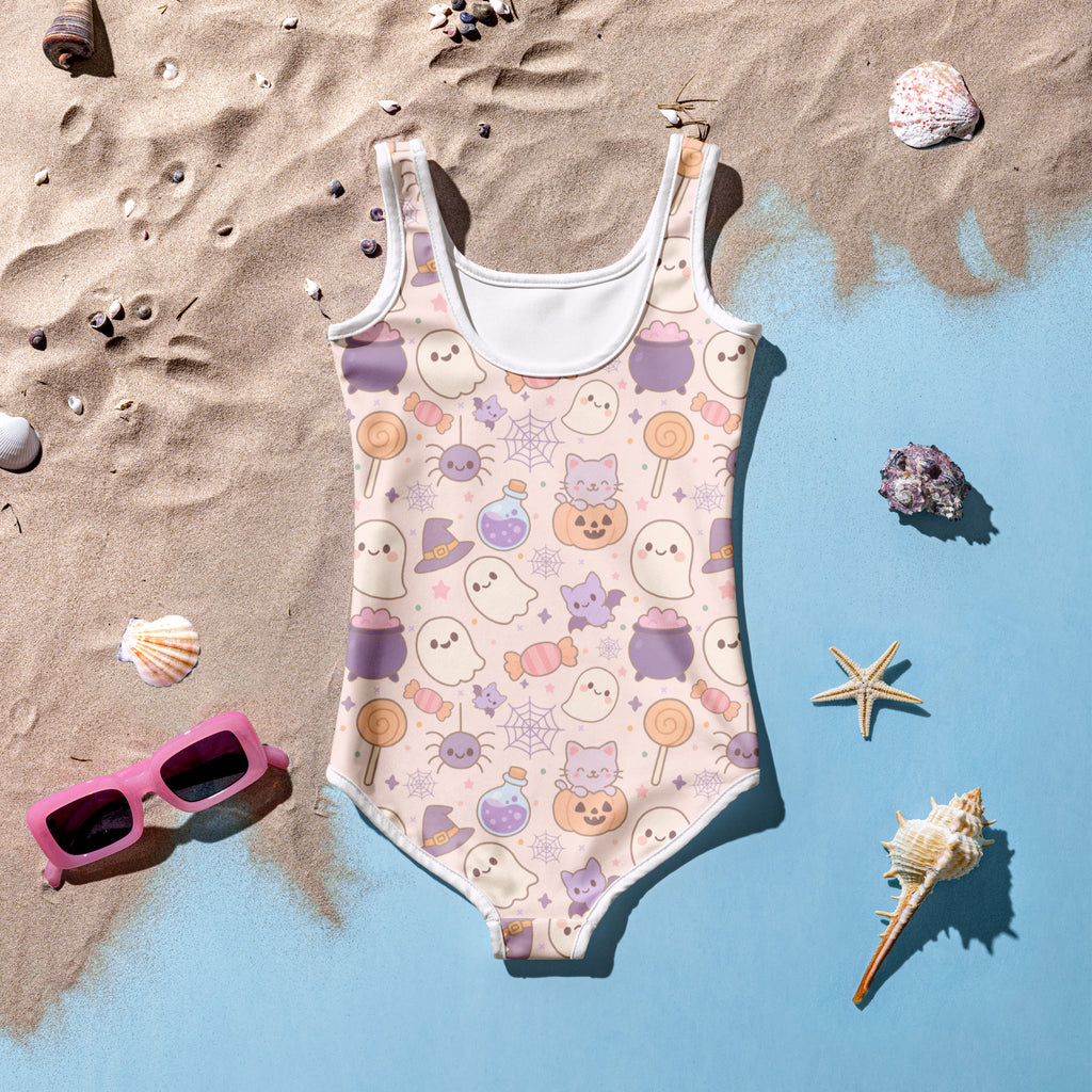 Girls Pastel Halloween One Piece Swimsuit – Buttery Soft UPF 50+ Sun Protection, Quick Dry, Double Layered Front & 4-Way Stretch