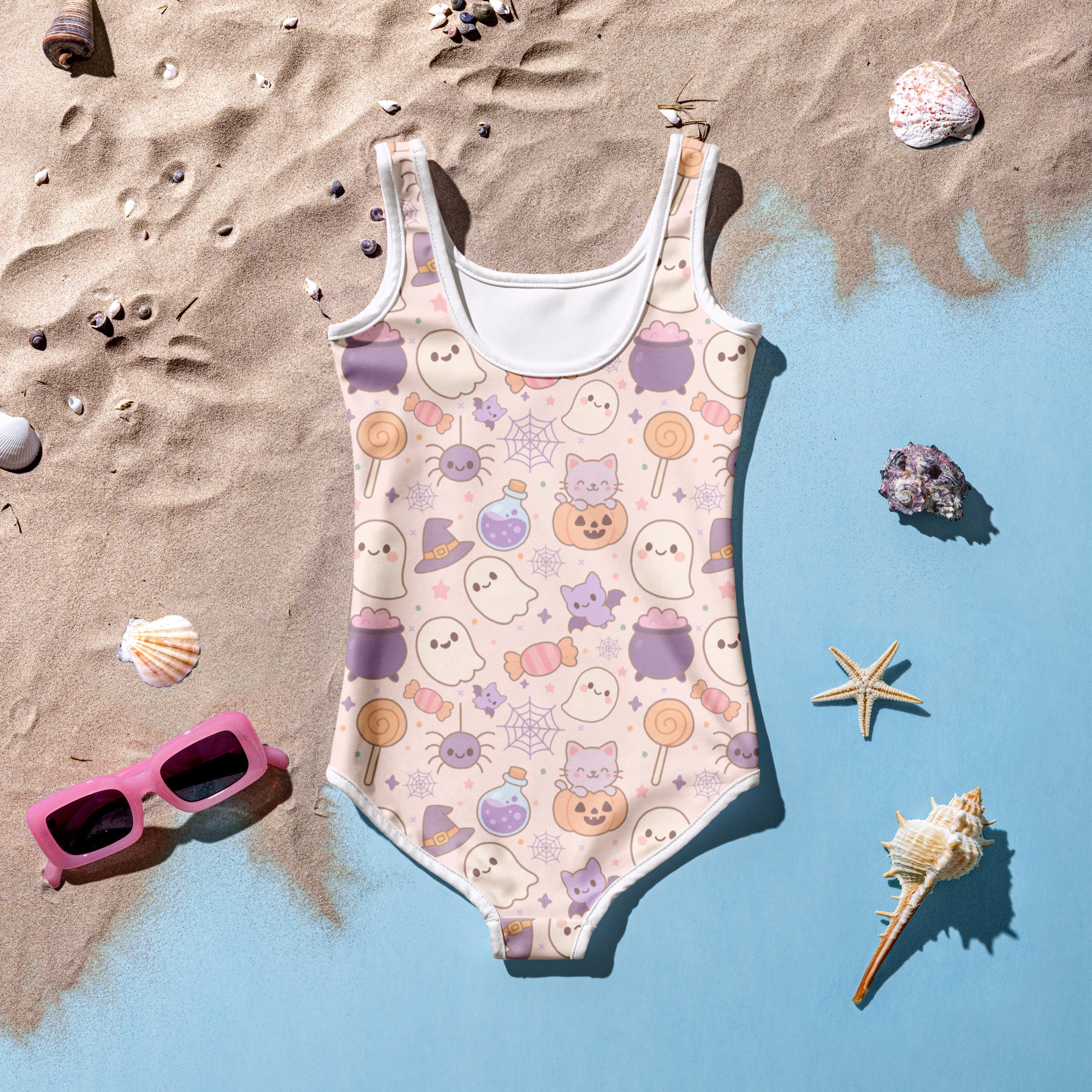 Girls Pastel Halloween One Piece Swimsuit – Buttery Soft UPF 50+ Sun Protection, Quick Dry, Double Layered Front & 4-Way Stretch