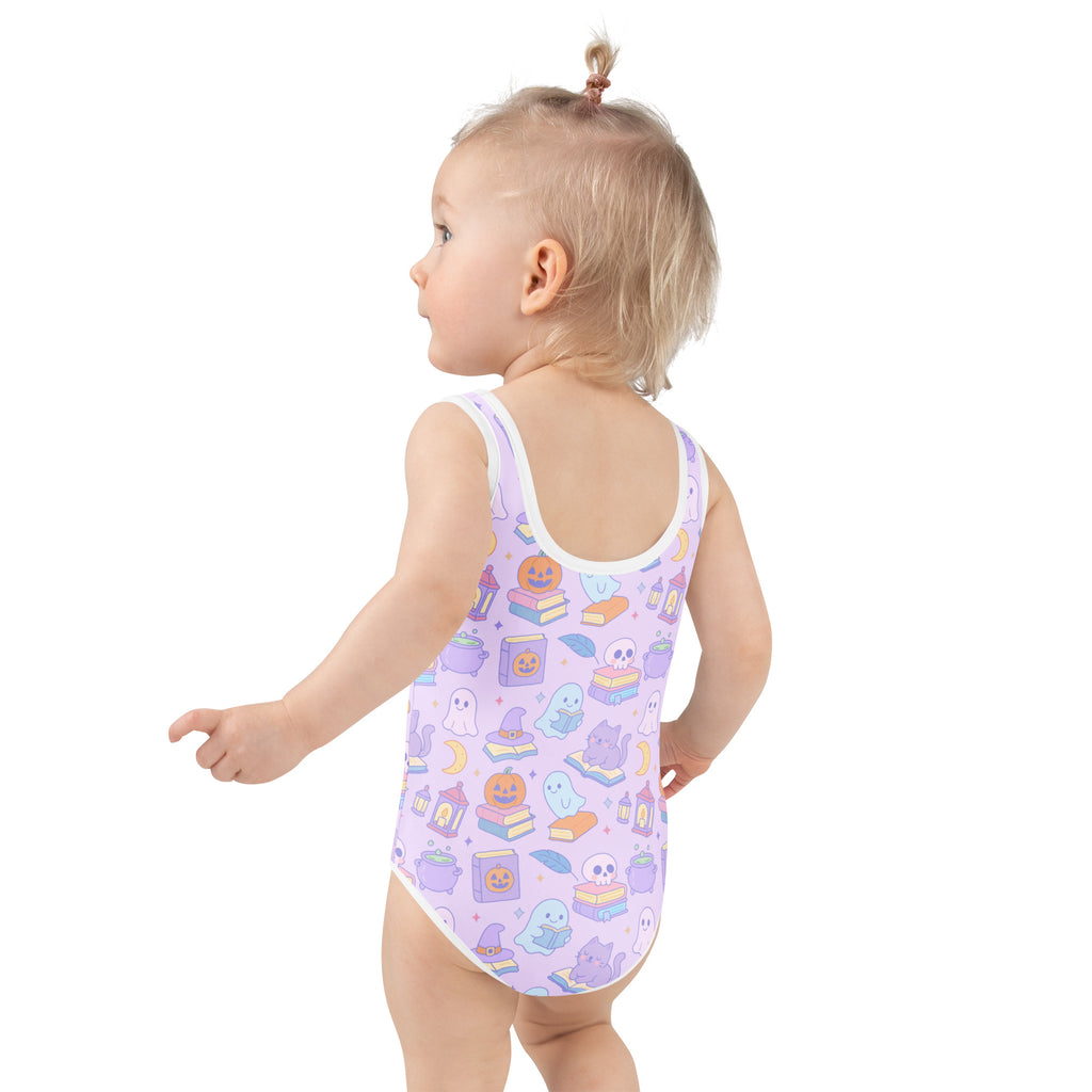 Girls Purple Halloween One Piece Swimsuit – Buttery Soft UPF 50+ Sun Protection, Quick Dry, Double Layered Front & 4-Way Stretch