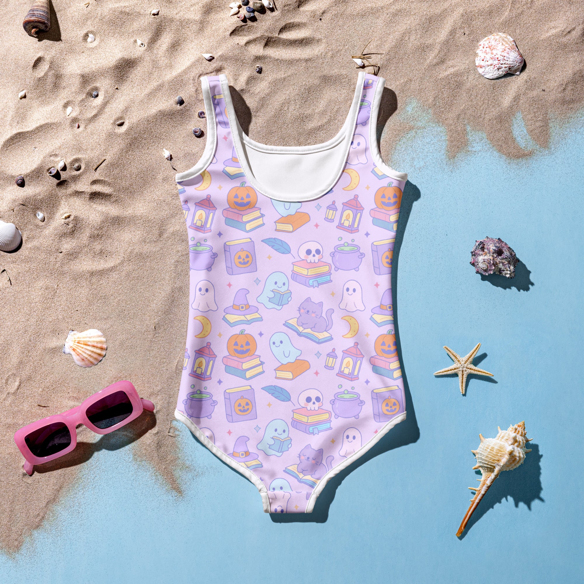 Girls Purple Halloween One Piece Swimsuit – Buttery Soft UPF 50+ Sun Protection, Quick Dry, Double Layered Front & 4-Way Stretch
