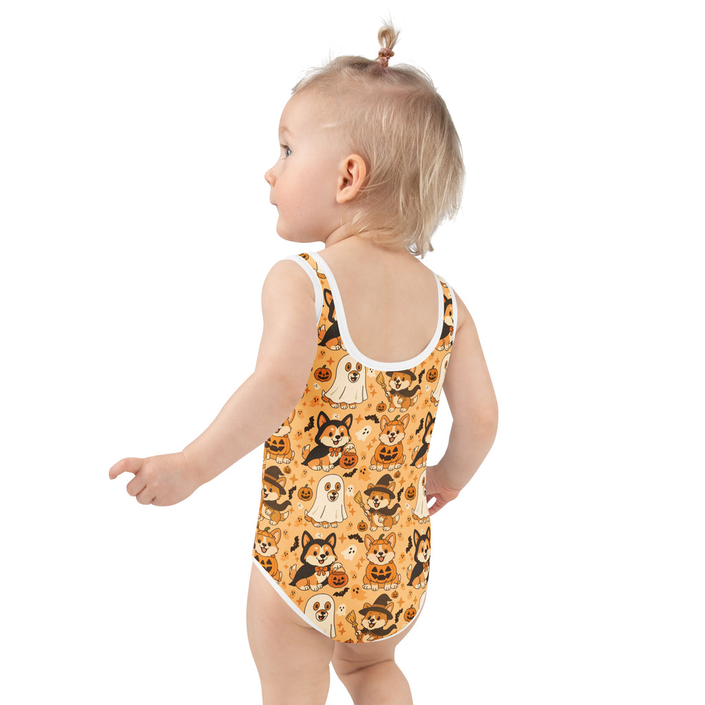 Girls Halloween Corgi Dog One Piece Swimsuit – Buttery Soft UPF 50+ Sun Protection, Quick Dry, Double Layered Front & 4-Way Stretch