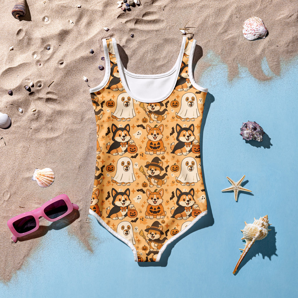 Girls Halloween Corgi Dog One Piece Swimsuit – Buttery Soft UPF 50+ Sun Protection, Quick Dry, Double Layered Front & 4-Way Stretch