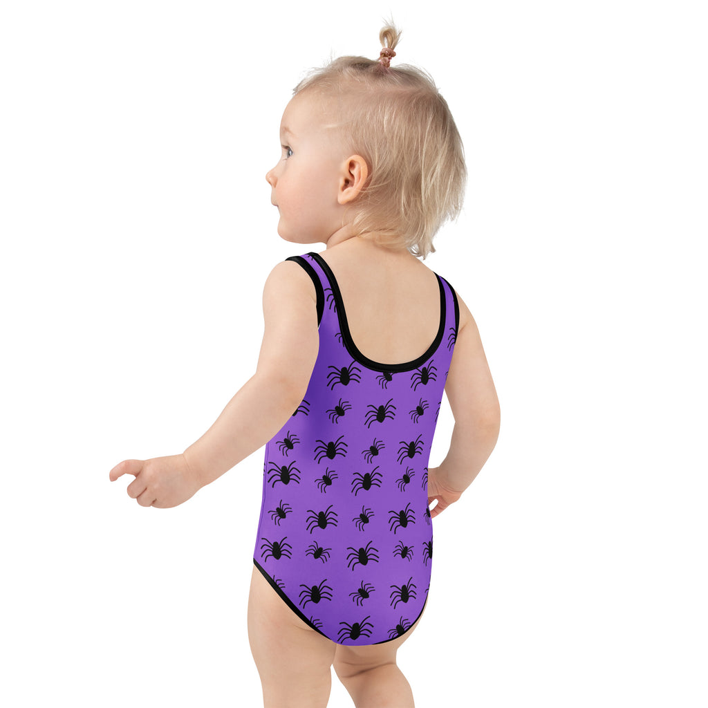 Girls Purple Spider Halloween One Piece Swimsuit – Buttery Soft UPF 50+ Sun Protection, Quick Dry, Double Layered Front & 4-Way Stretch