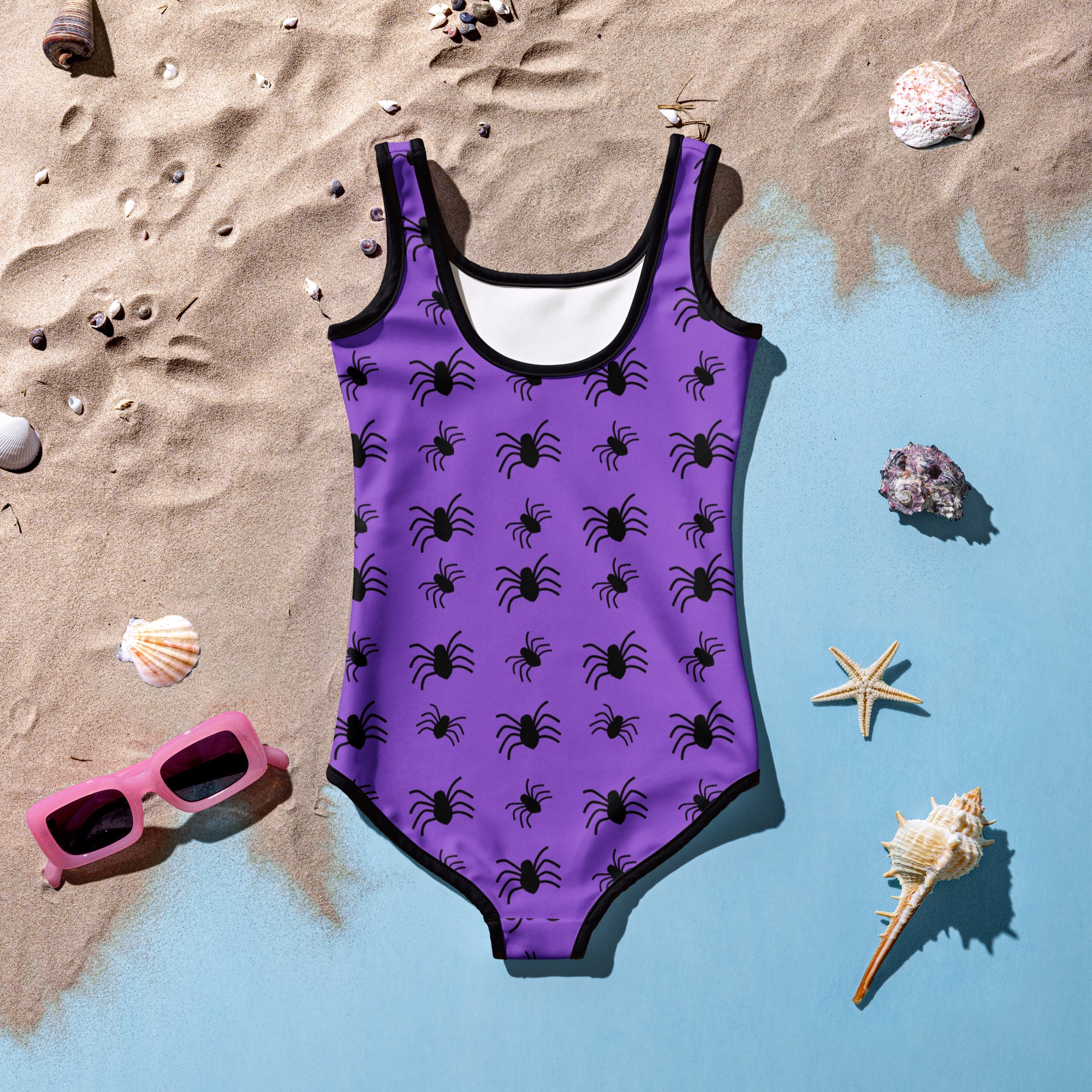 Girls Purple Spider Halloween One Piece Swimsuit – Buttery Soft UPF 50+ Sun Protection, Quick Dry, Double Layered Front & 4-Way Stretch