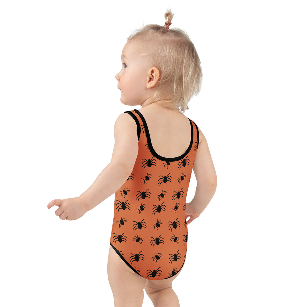 Girls Orange Spider Halloween One Piece Swimsuit – Buttery Soft UPF 50+ Sun Protection, Quick Dry, Double Layered Front & 4-Way Stretch