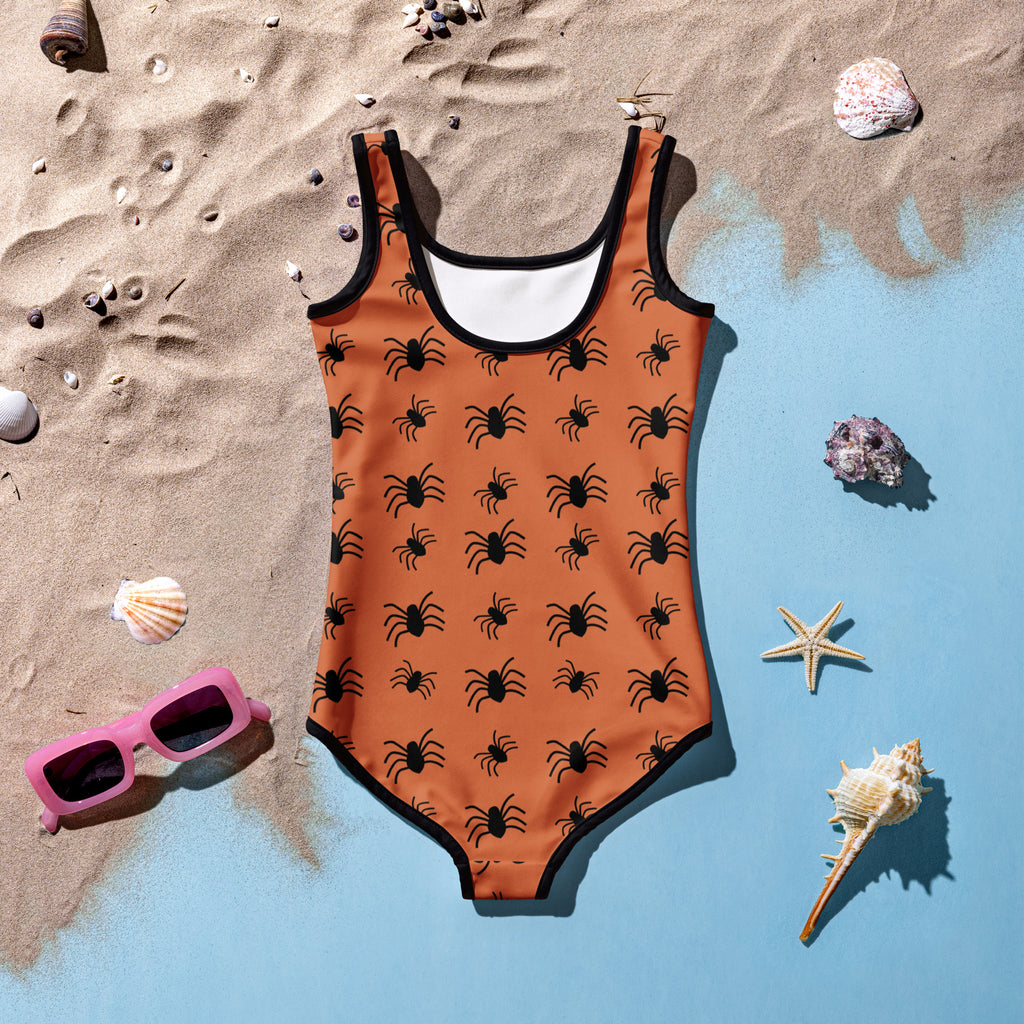 Girls Orange Spider Halloween One Piece Swimsuit – Buttery Soft UPF 50+ Sun Protection, Quick Dry, Double Layered Front & 4-Way Stretch