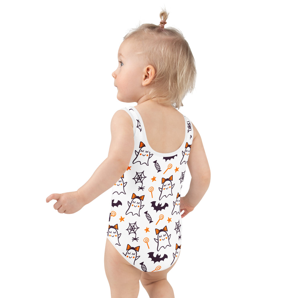 Girls Cute Ghost Halloween One Piece Swimsuit – Buttery Soft UPF 50+ Sun Protection, Quick Dry, Double Layered Front & 4-Way Stretch