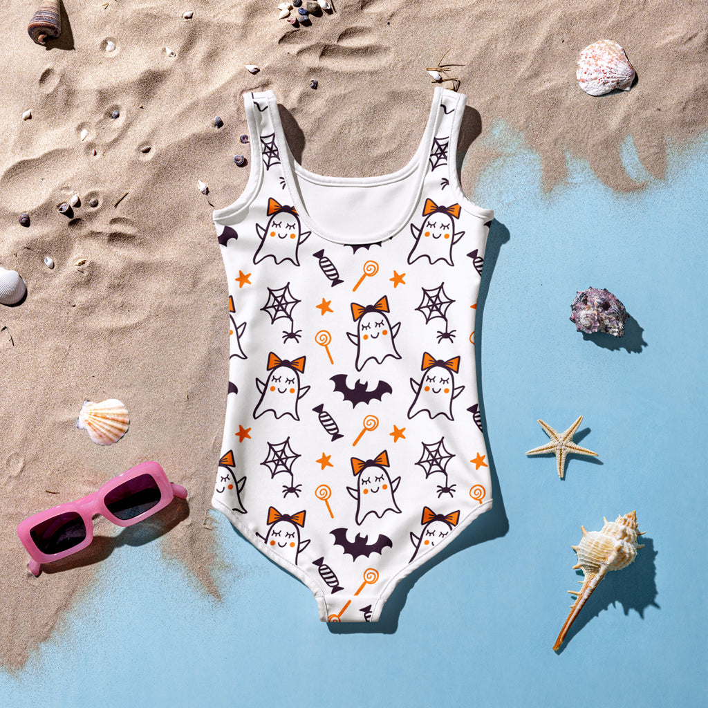 Girls Cute Ghost Halloween One Piece Swimsuit – Buttery Soft UPF 50+ Sun Protection, Quick Dry, Double Layered Front & 4-Way Stretch