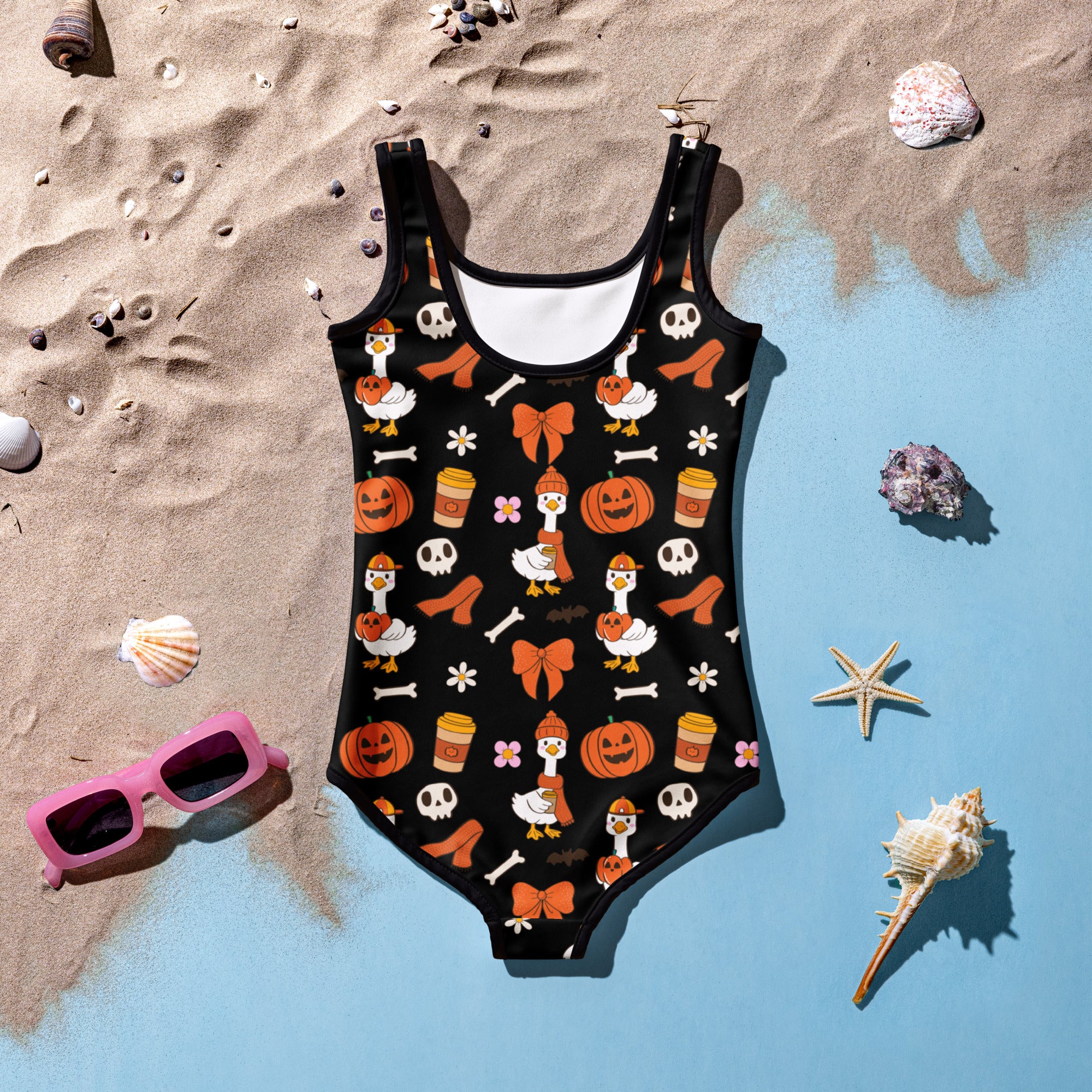 Girls Halloween Goose One Piece Swimsuit – Buttery Soft UPF 50+ Sun Protection, Quick Dry, Double Layered Front & 4-Way Stretch