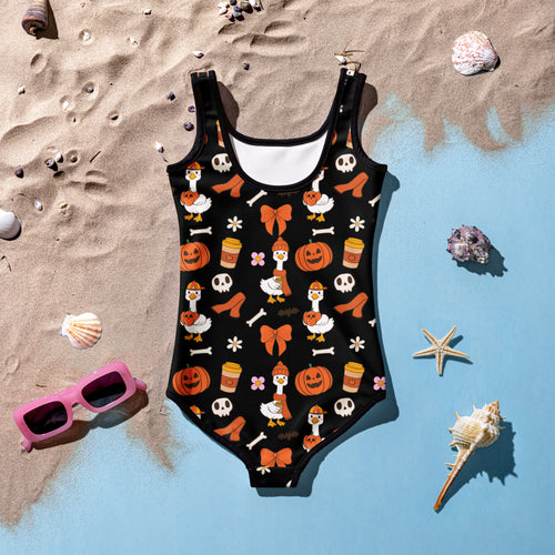 Girls Halloween Goose One Piece Swimsuit – Buttery Soft UPF 50+ Sun Protection, Quick Dry, Double Layered Front & 4-Way Stretch