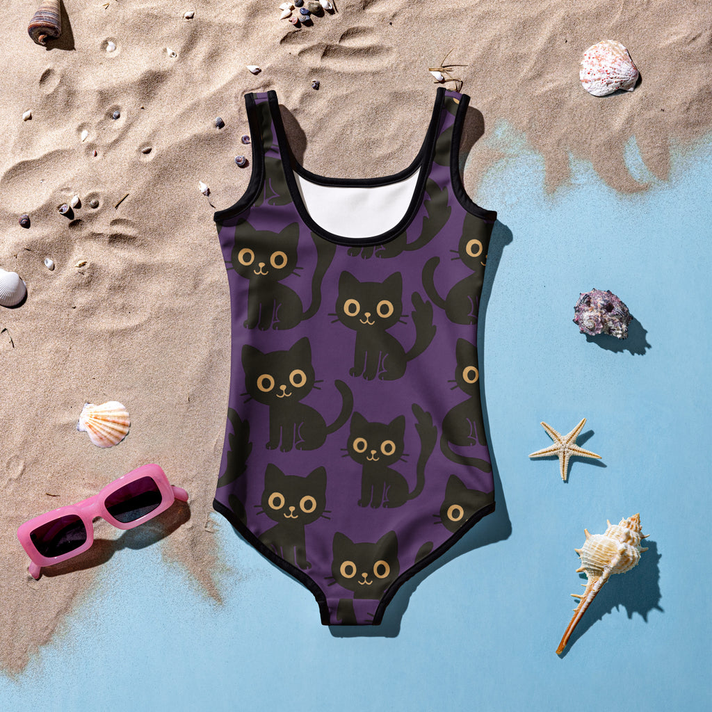 Girls Black Cat One Piece Swimsuit – Buttery Soft UPF 50+ Sun Protection, Quick Dry, Double Layered Front & 4-Way Stretch