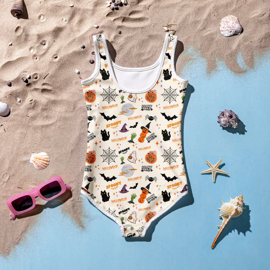 Girls Halloween Icons One Piece Swimsuit – Buttery Soft UPF 50+ Sun Protection, Quick Dry, Double Layered Front & 4-Way Stretch