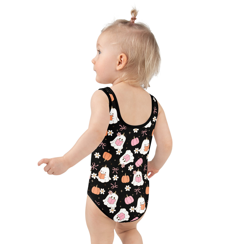 Girls Black Ghost Pumpkin One Piece Swimsuit – Buttery Soft UPF 50+ Sun Protection, Quick Dry, Double Layered Front & 4-Way Stretch