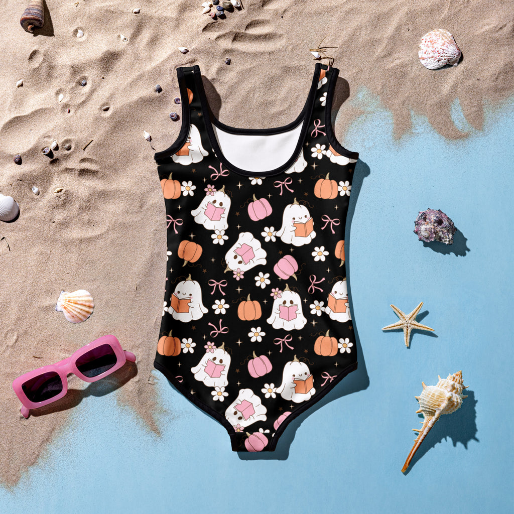Girls Black Ghost Pumpkin One Piece Swimsuit – Buttery Soft UPF 50+ Sun Protection, Quick Dry, Double Layered Front & 4-Way Stretch
