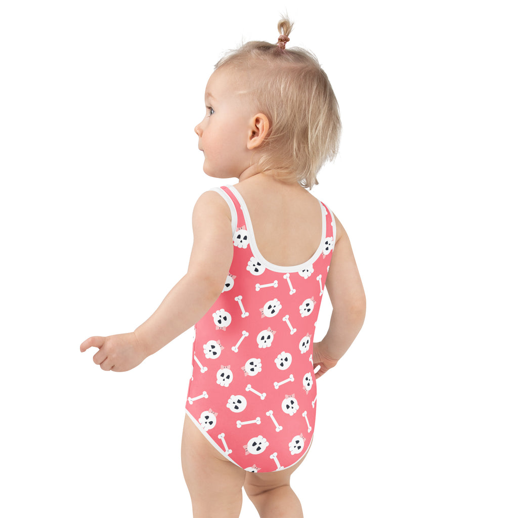 Girls Pink Skulls Halloween One Piece Swimsuit – Buttery Soft UPF 50+ Sun Protection, Quick Dry, Double Layered Front & 4-Way Stretch